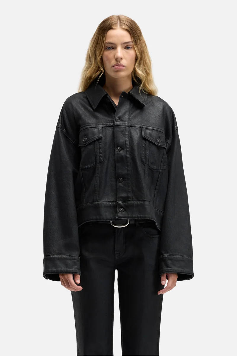 Oli Cropped Trucker Jacket in Coated Blackcat