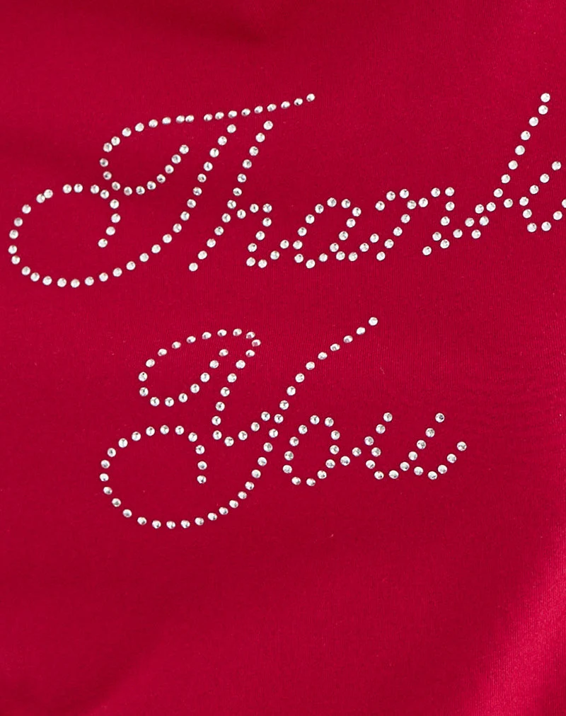 Alio-T-Shirt in Scharlachrot mit „Thank You“-Motiv aus Strasssteinen