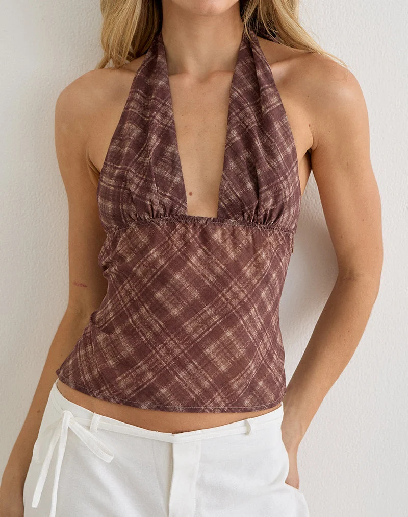 Kaluli-Haltertop in „Stone Check Brown“