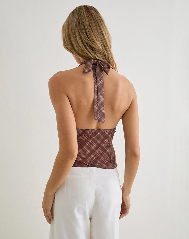Kaluli-Haltertop in „Stone Check Brown“