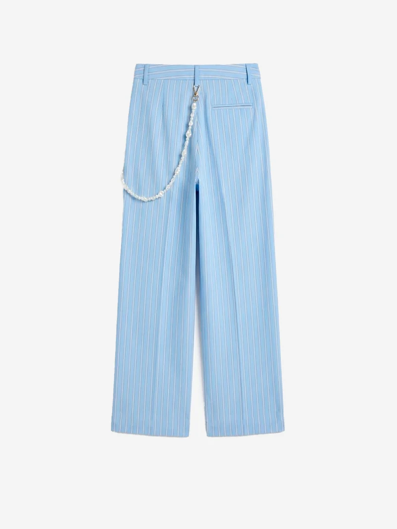 Pantaloni in cotone azzurro e bianco con gamba affusolata e cintura di perle staccabile