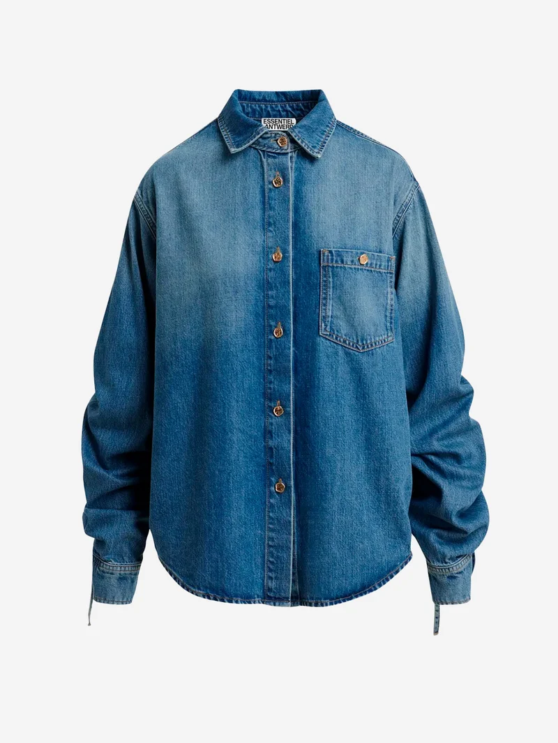 Camicia in denim blu oversize con coulisse sulle maniche con lyocell