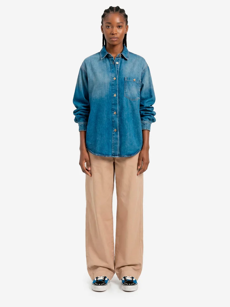 Camicia in denim blu oversize con coulisse sulle maniche con lyocell