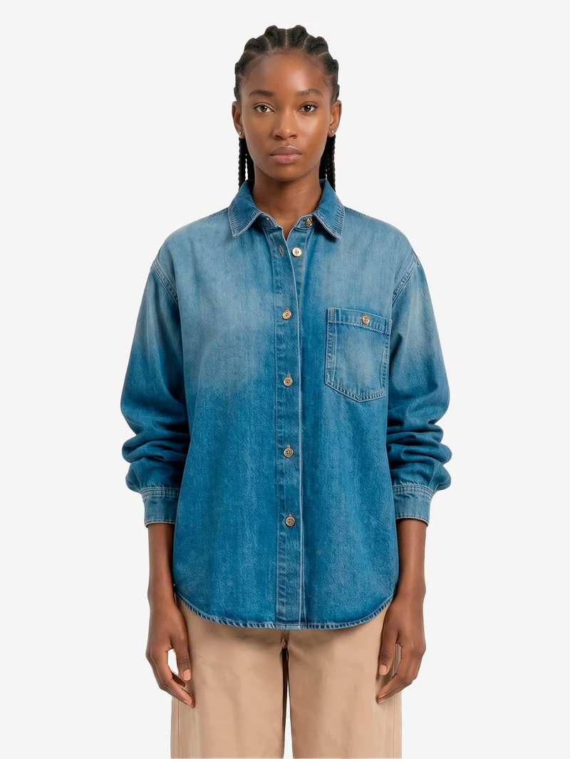 Camicia in denim blu oversize con coulisse sulle maniche con lyocell
