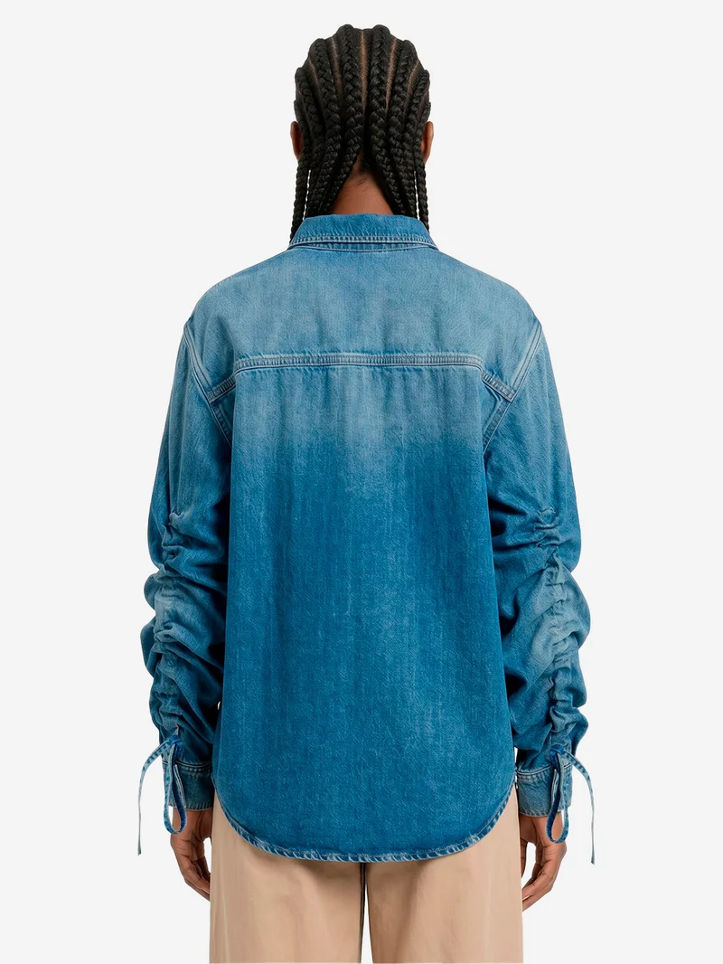 Camicia in denim blu oversize con coulisse sulle maniche con lyocell