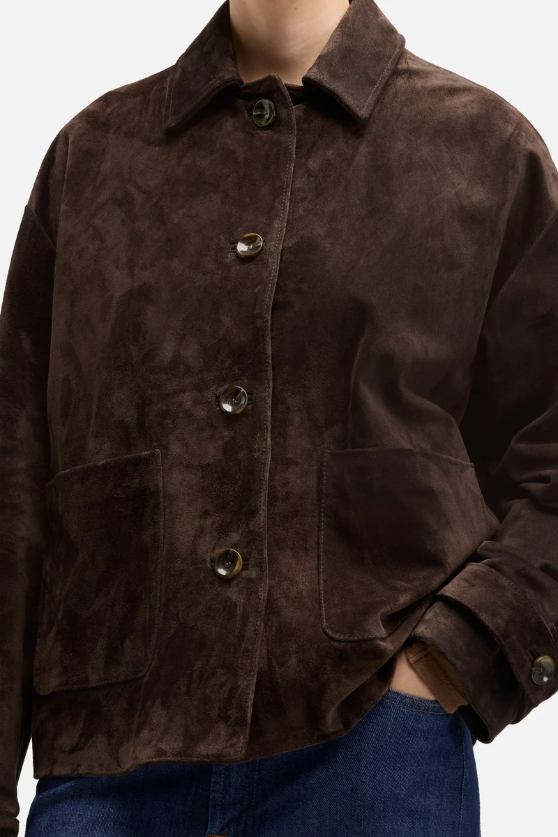 Suede Cropped Chore Jacket in Coffee Bean