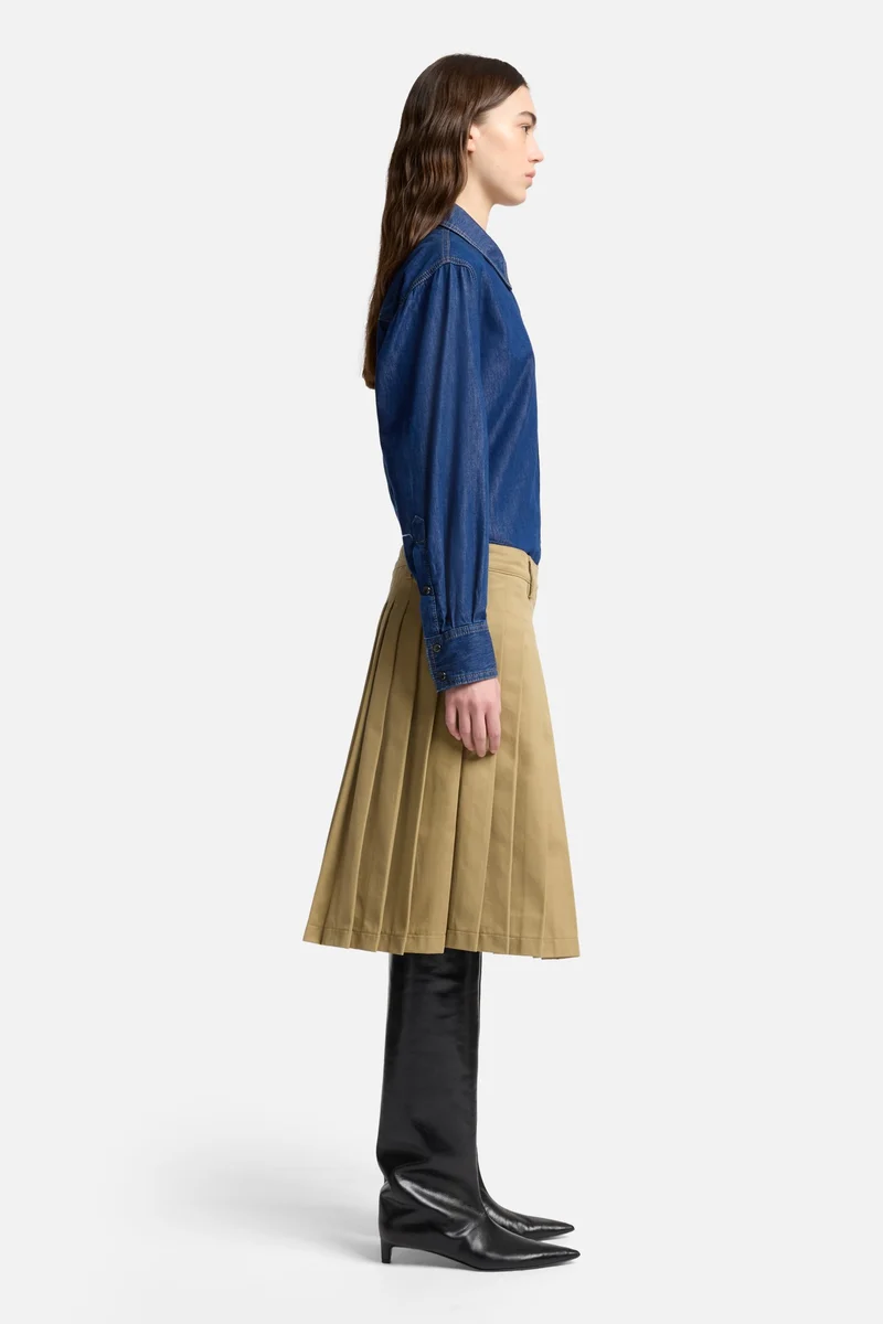Comfort Twill Pleated Midi Skirt in Sand Storm