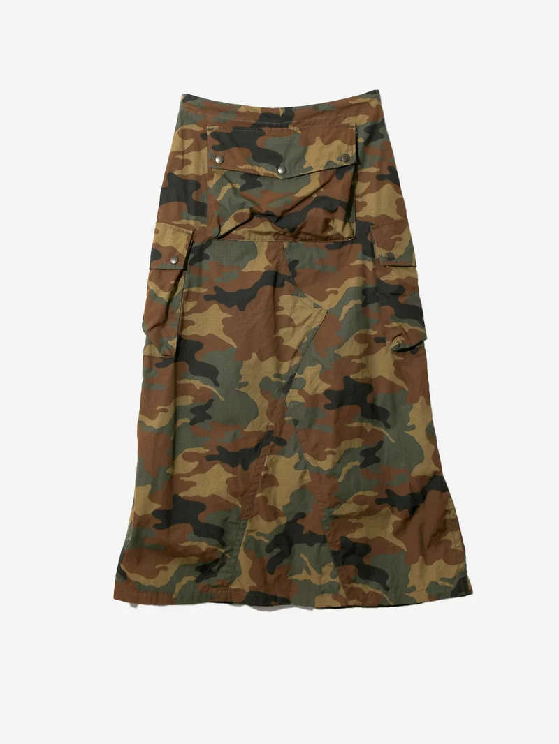 Gonna lunga svasasta camouflage in cotone ripstop