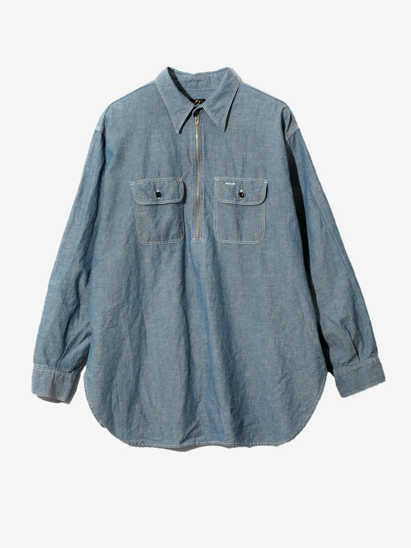 Camicia blu in misto lino Chambray a mezza zip
