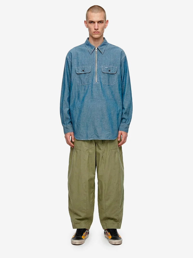 Camicia blu in misto lino Chambray a mezza zip