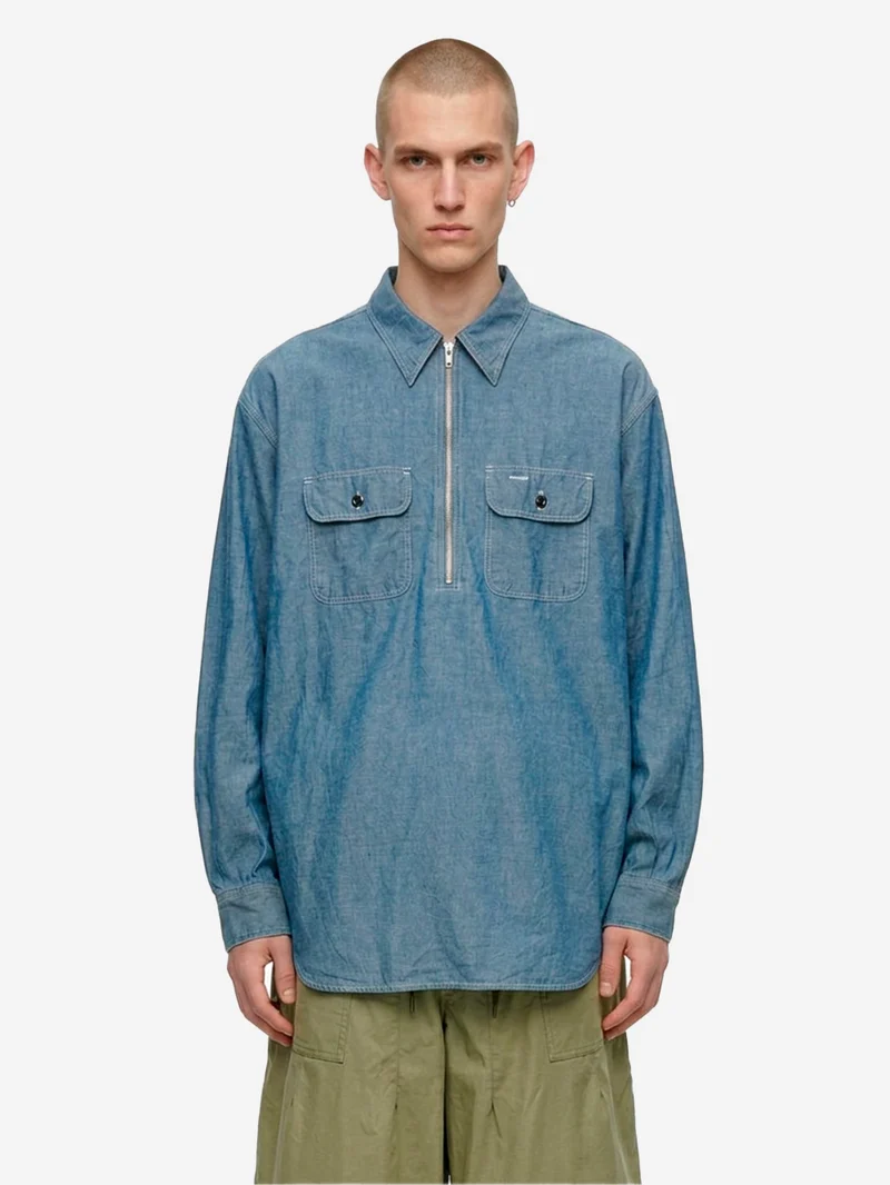 Camicia blu in misto lino Chambray a mezza zip