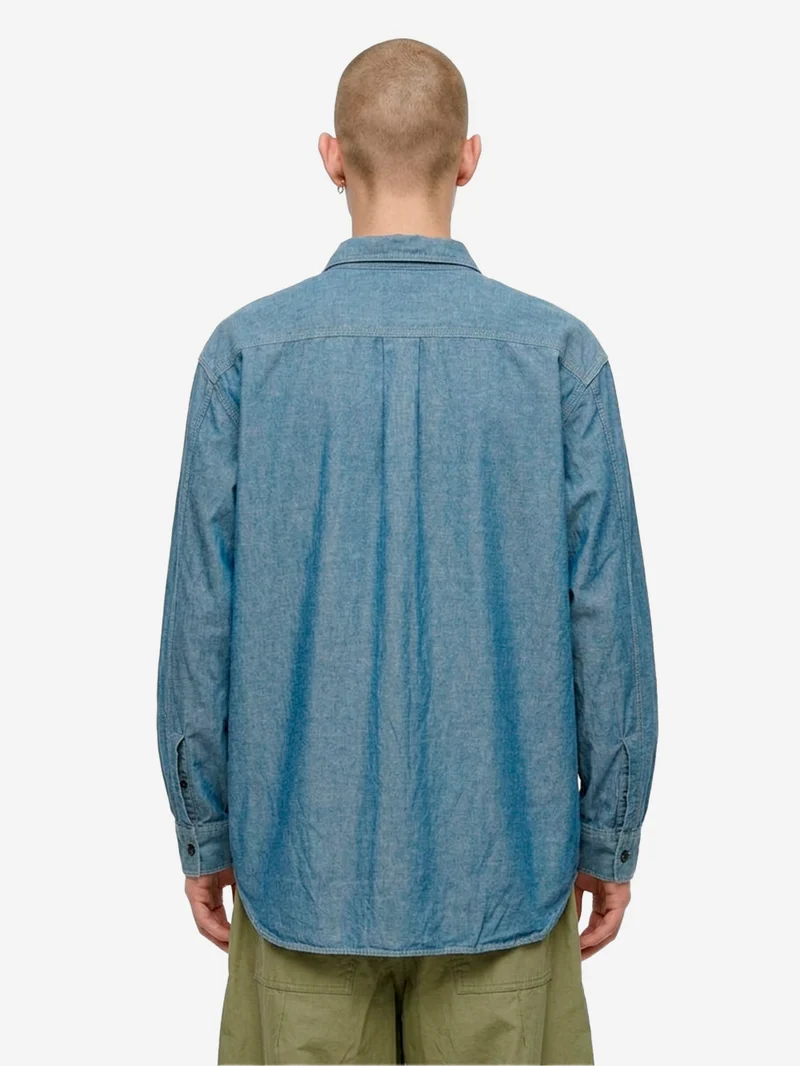 Camicia blu in misto lino Chambray a mezza zip