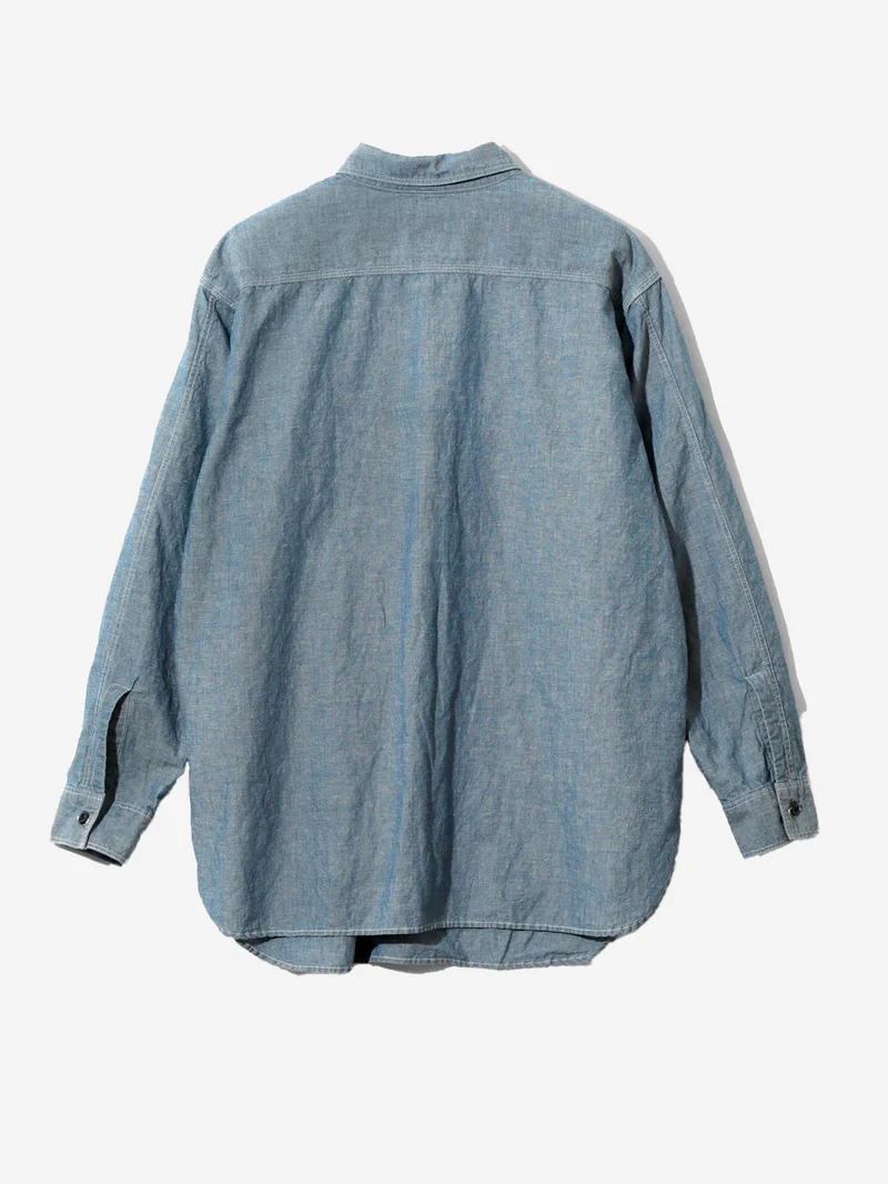 Camicia blu in misto lino Chambray a mezza zip