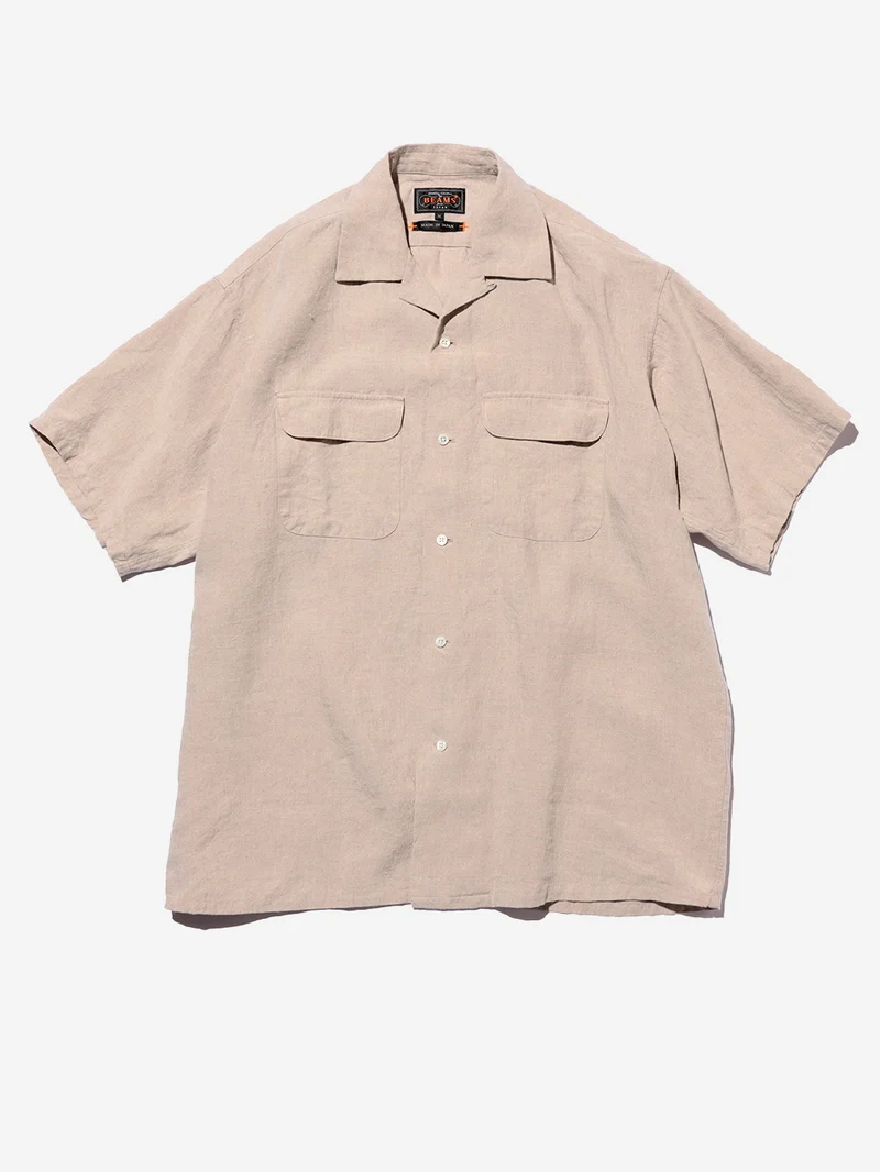 Camicia beige a manica corta con colletto aperto in lino