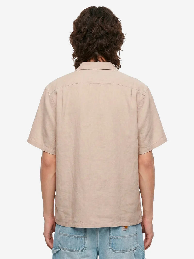 Camicia beige a manica corta con colletto aperto in lino