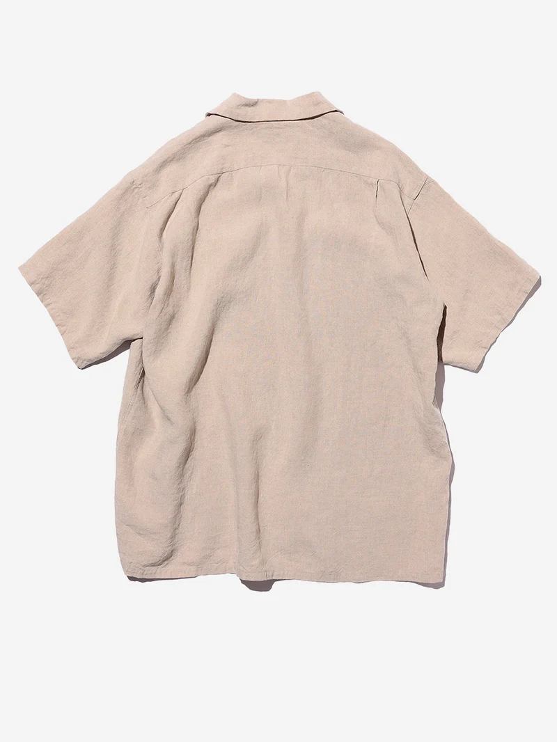 Camicia beige a manica corta con colletto aperto in lino