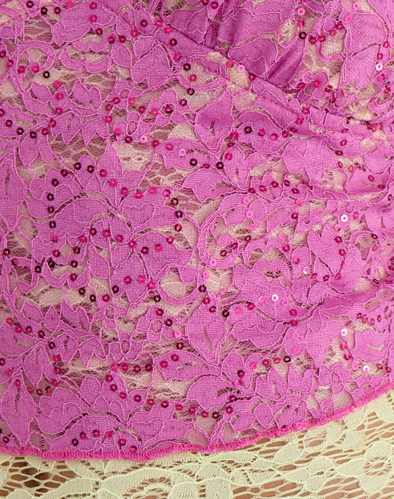 Perai-Oberteil aus doppellagiger Pailletten-Spitze in Limettengrün und Rosa