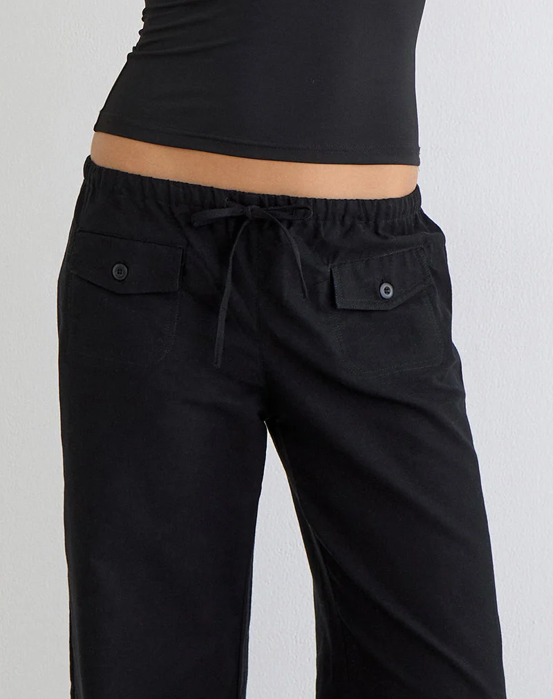 Yua-Hose mit weitem Bein aus Leinen, schwarz