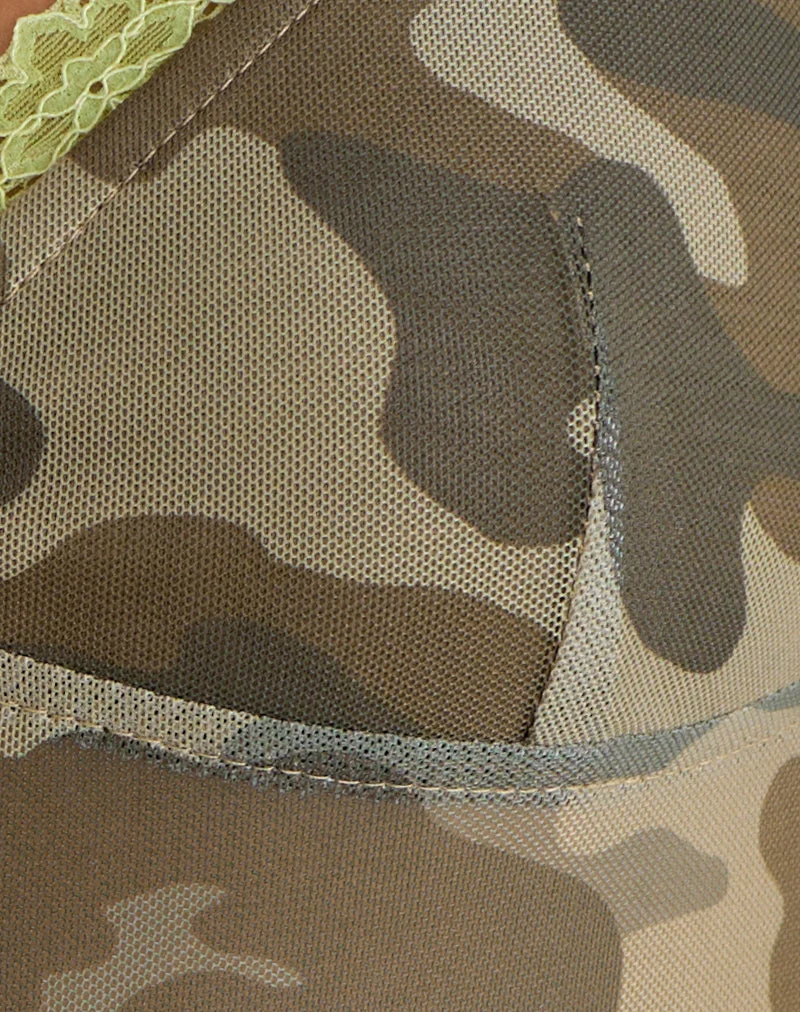 Rasani Cami-Top aus Mesh in neutralem Camo-Grün mit Spitzenbesatz
