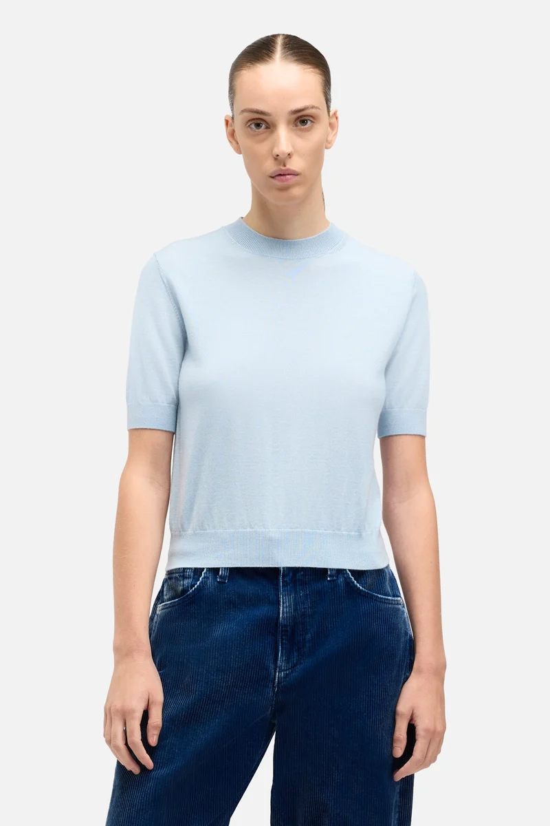 Wool Short Sleeve Sweater in Cielo