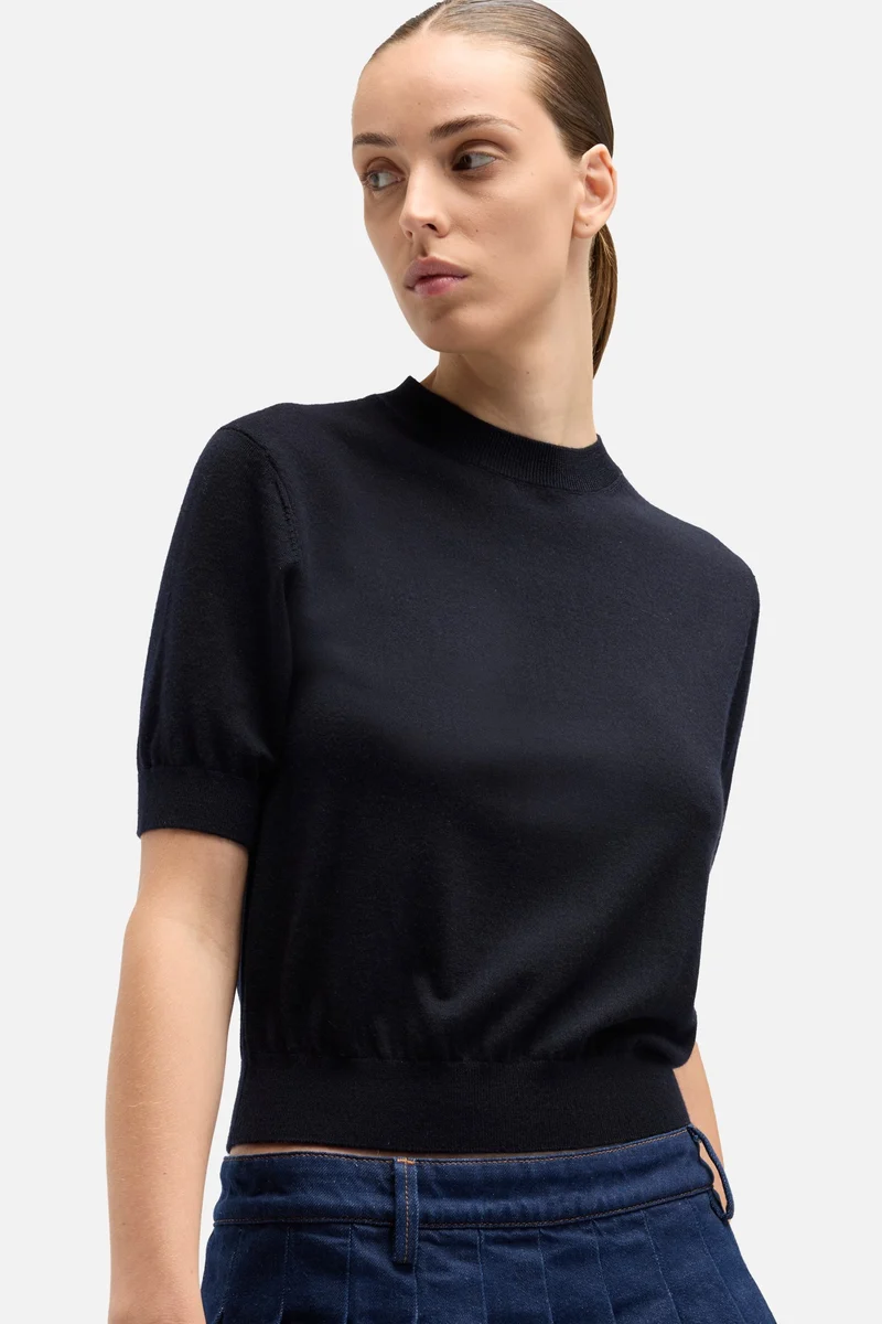 Wool Short Sleeve Sweater in Black