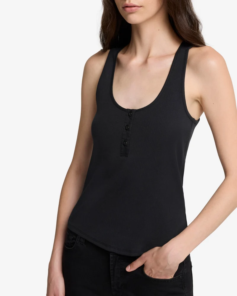Ribbed Henley Tank in Black