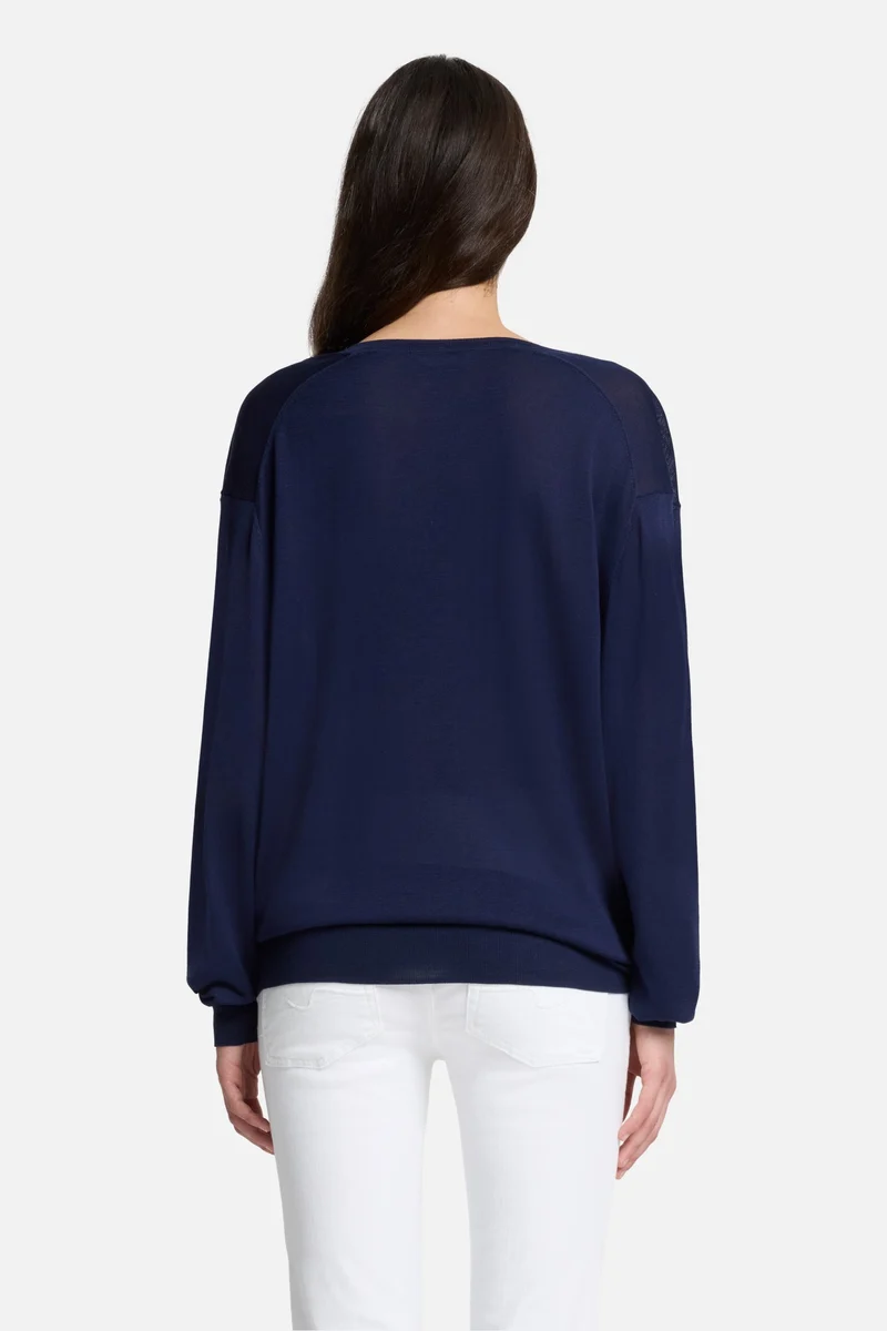 Silk Blend V-Neck Pullover in Navy