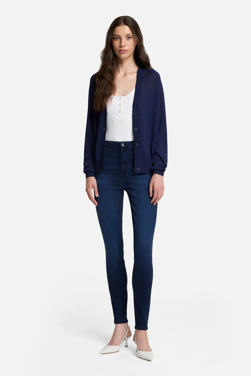 Silk Blend V-Neck Cardigan in Navy