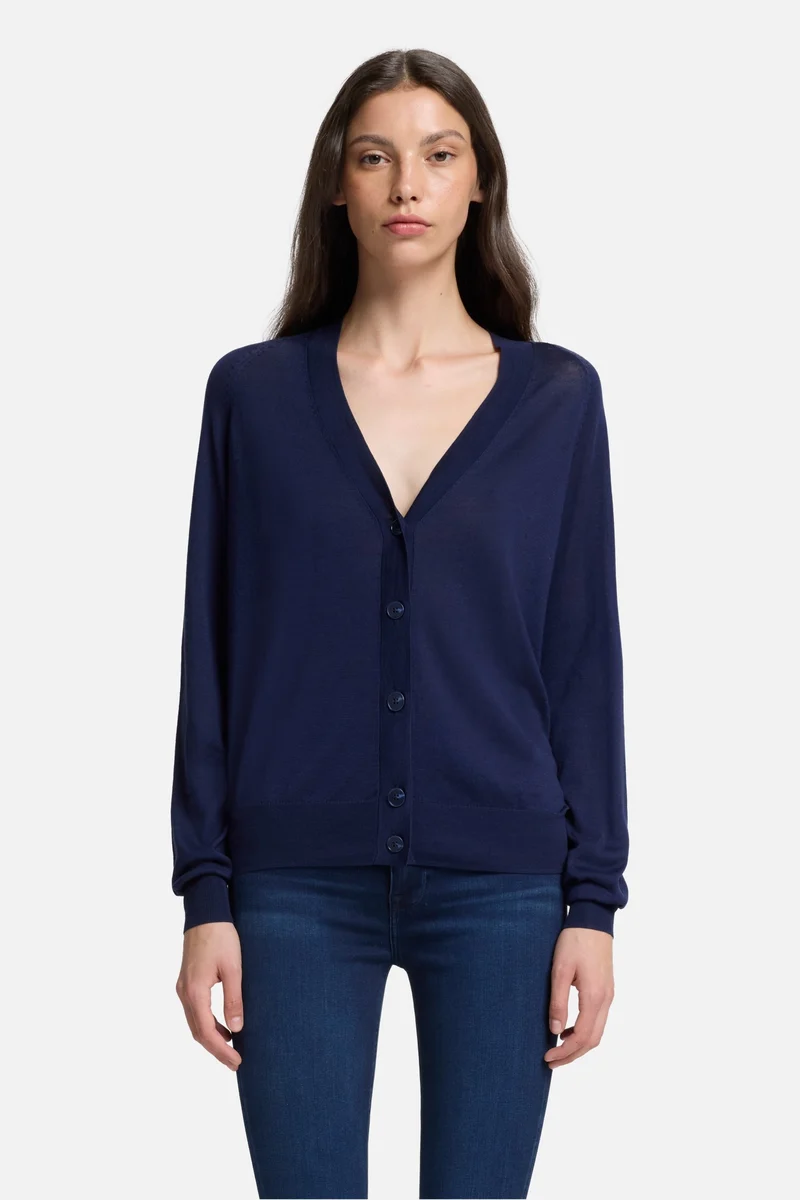 Silk Blend V-Neck Cardigan in Navy