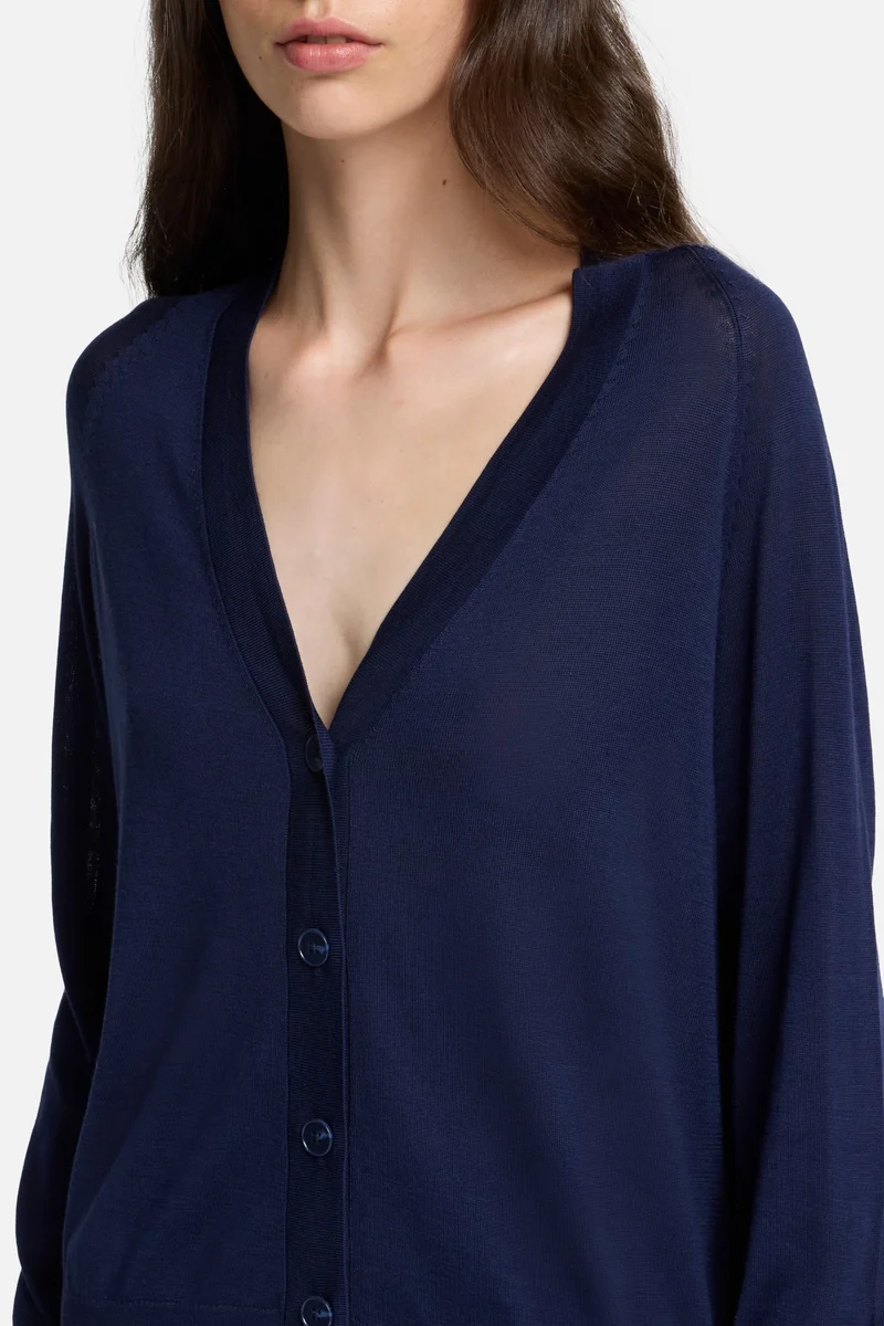 Silk Blend V-Neck Cardigan in Navy