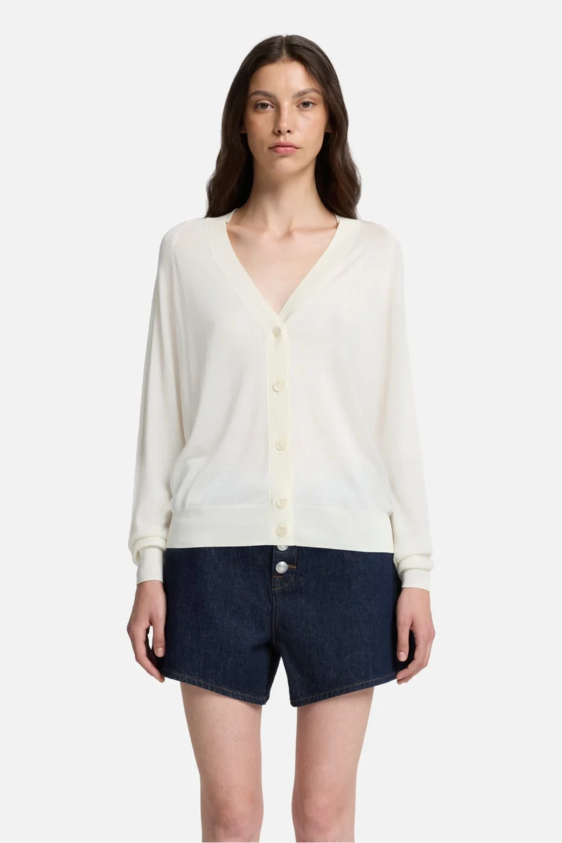 Silk Blend V-Neck Cardigan in Ivory