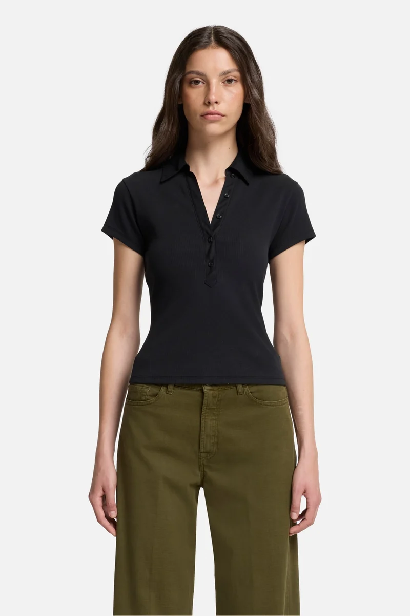 Ribbed Henley Polo in Black