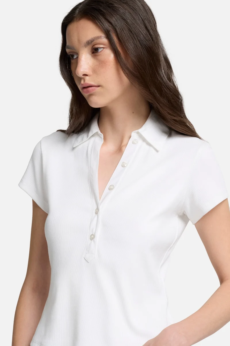 Ribbed Henley Polo in Optical White