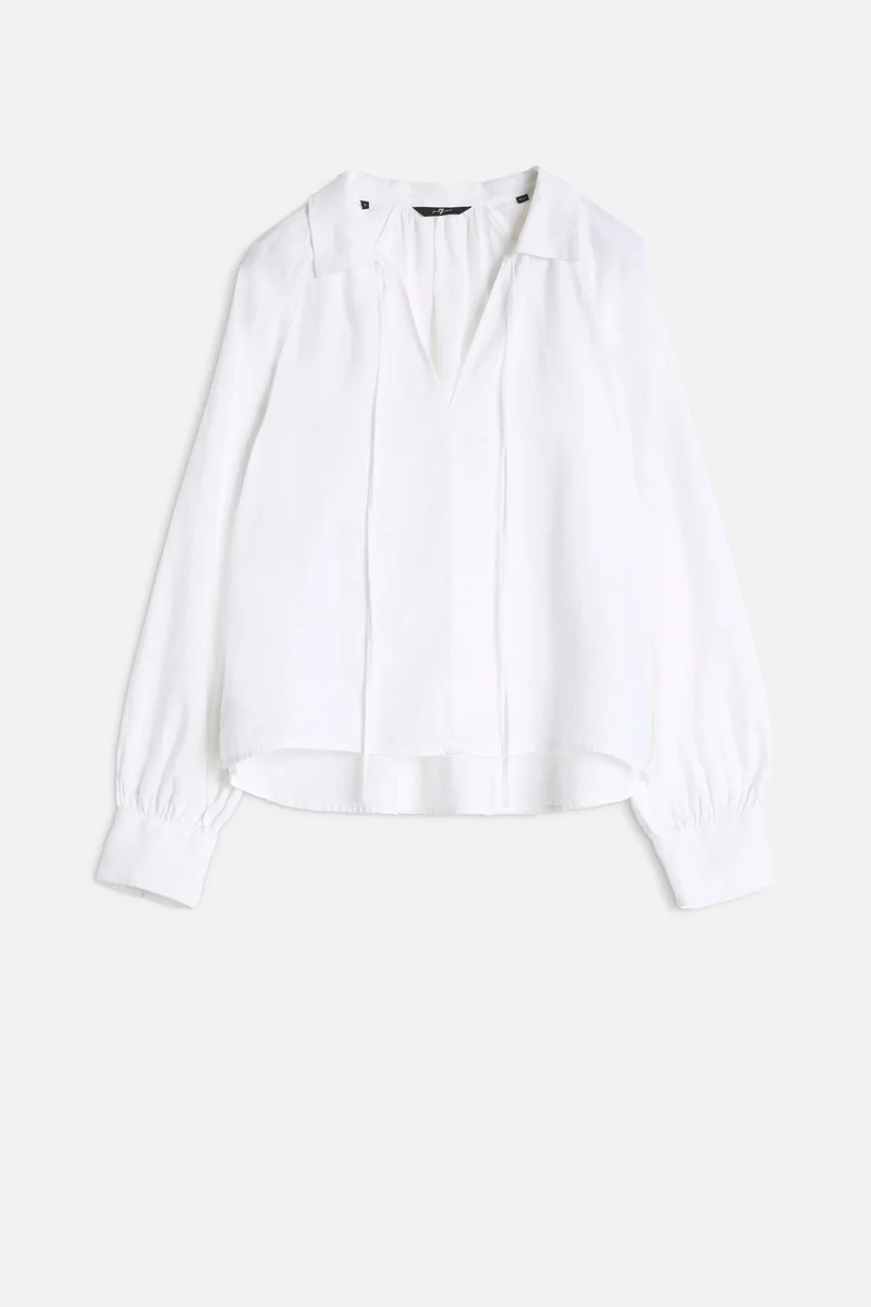 Tie Neck Linen Blouse in Optical White
