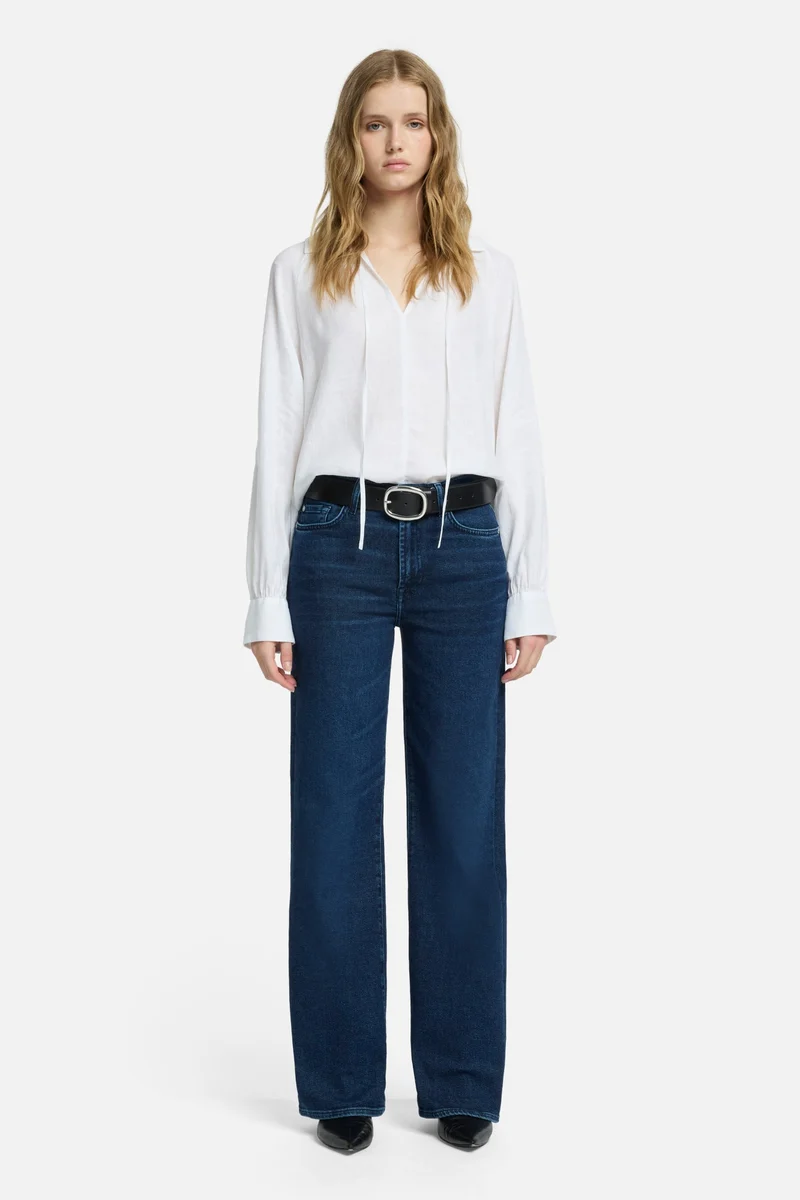 Tie Neck Linen Blouse in Optical White