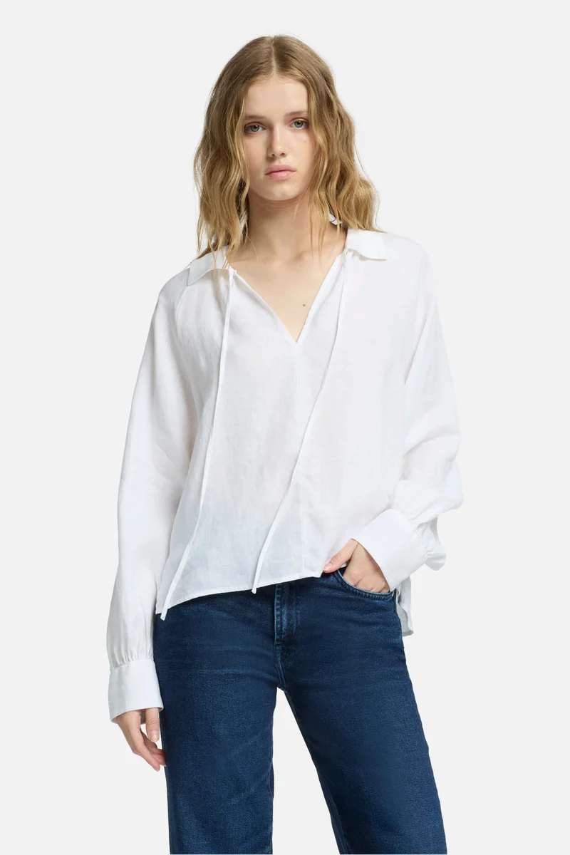 Tie Neck Linen Blouse in Optical White