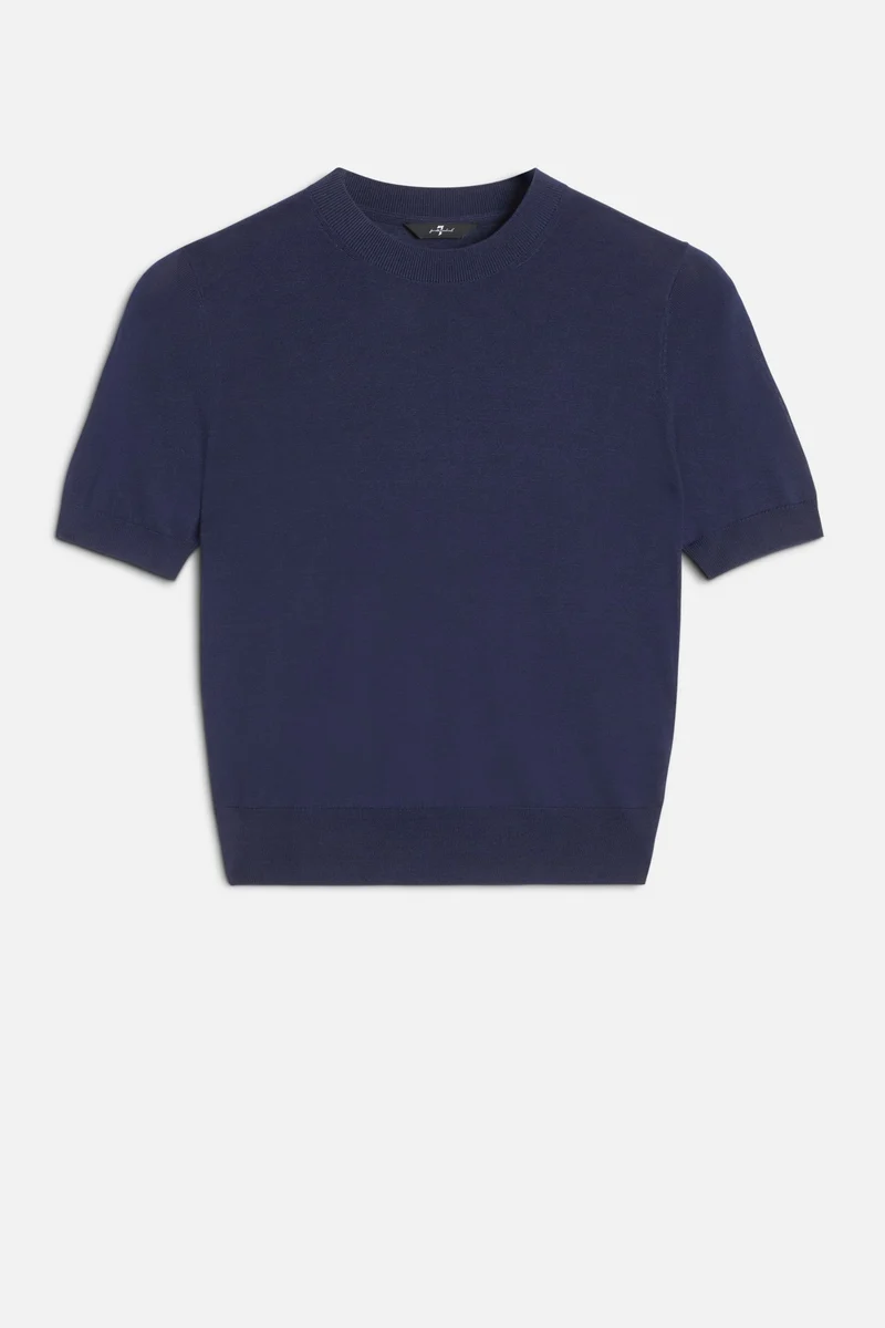 Silk Blend Short Sleeve Sweater in Navy