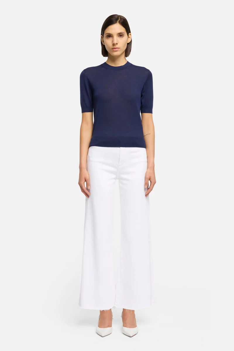 Silk Blend Short Sleeve Sweater in Navy