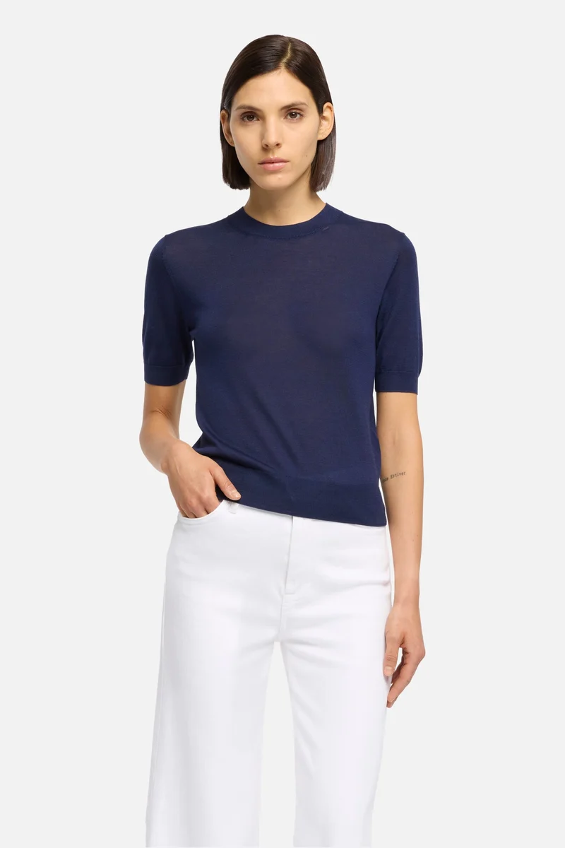Silk Blend Short Sleeve Sweater in Navy