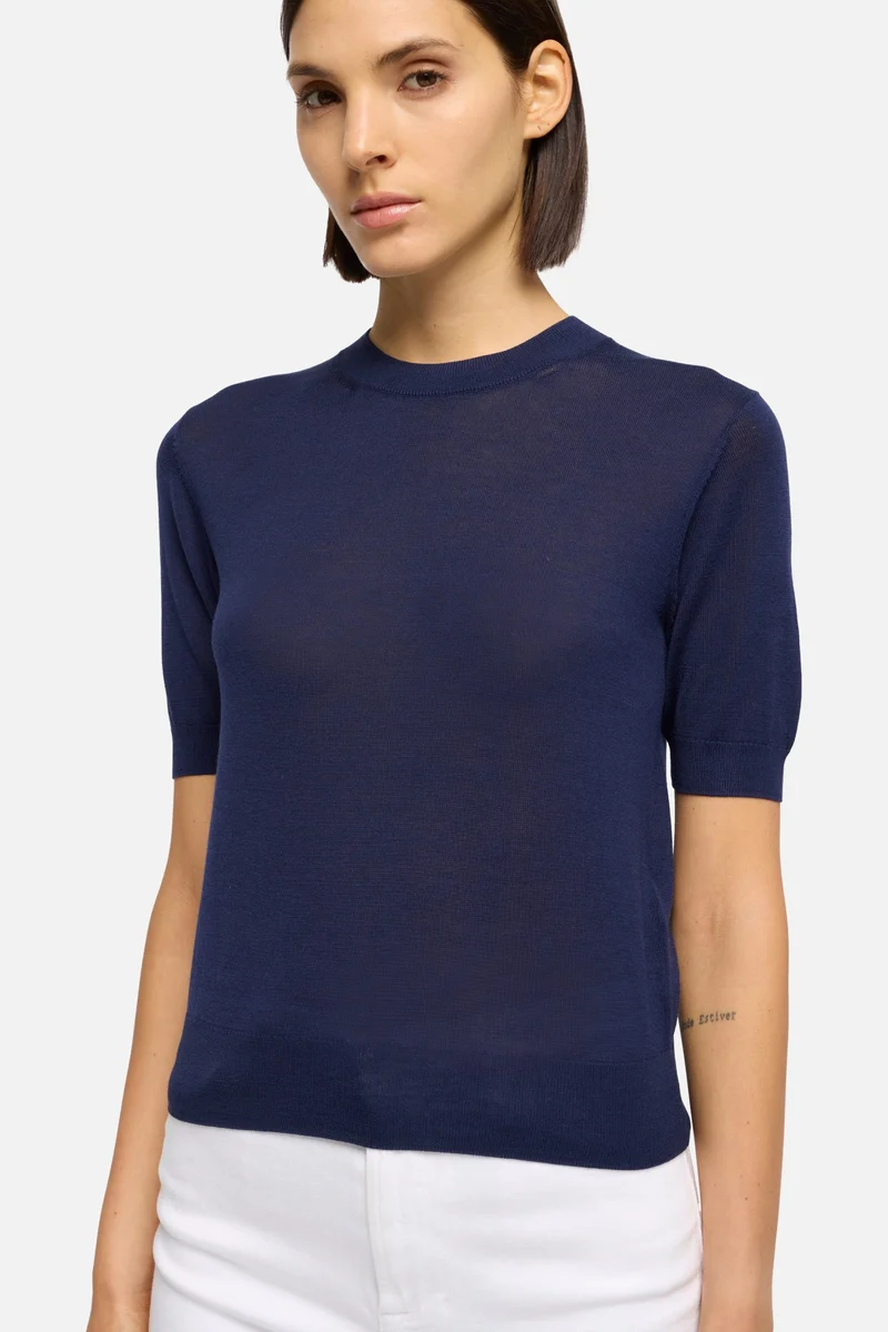Silk Blend Short Sleeve Sweater in Navy