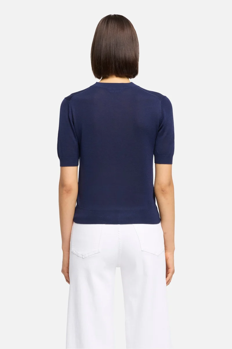 Silk Blend Short Sleeve Sweater in Navy