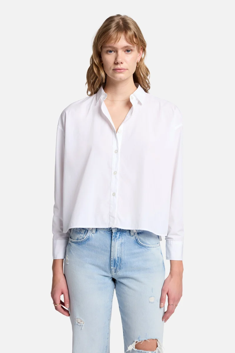 Cropped Poplin Button Down in White