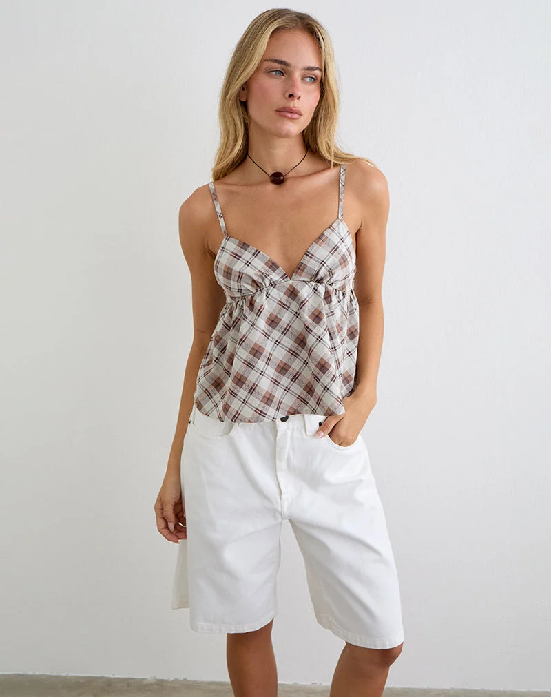 Luz Babydoll-Top mit schrägem Karomuster in Braun