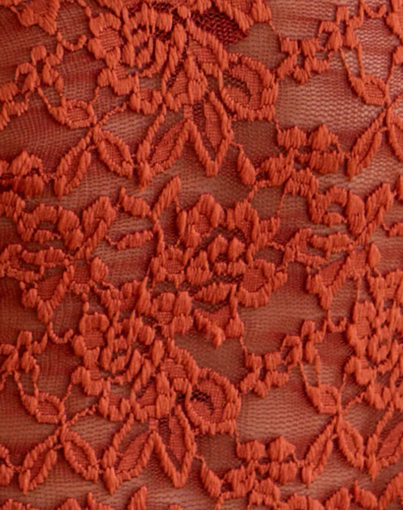 Mahota Langarm-Oberteil mit tiefem Ausschnitt aus Spitzen-Mesh in der Farbe „Brick“