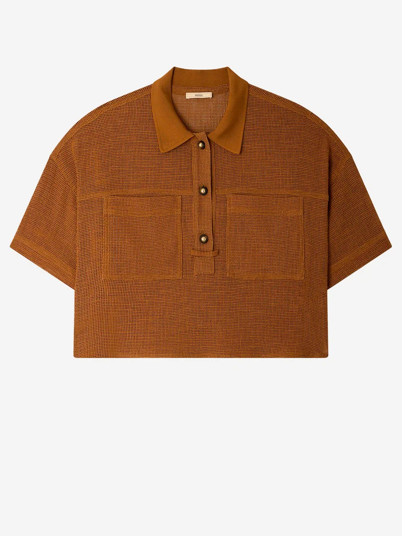 Polo a maniche corte marrone in misto lino con tasche applicate