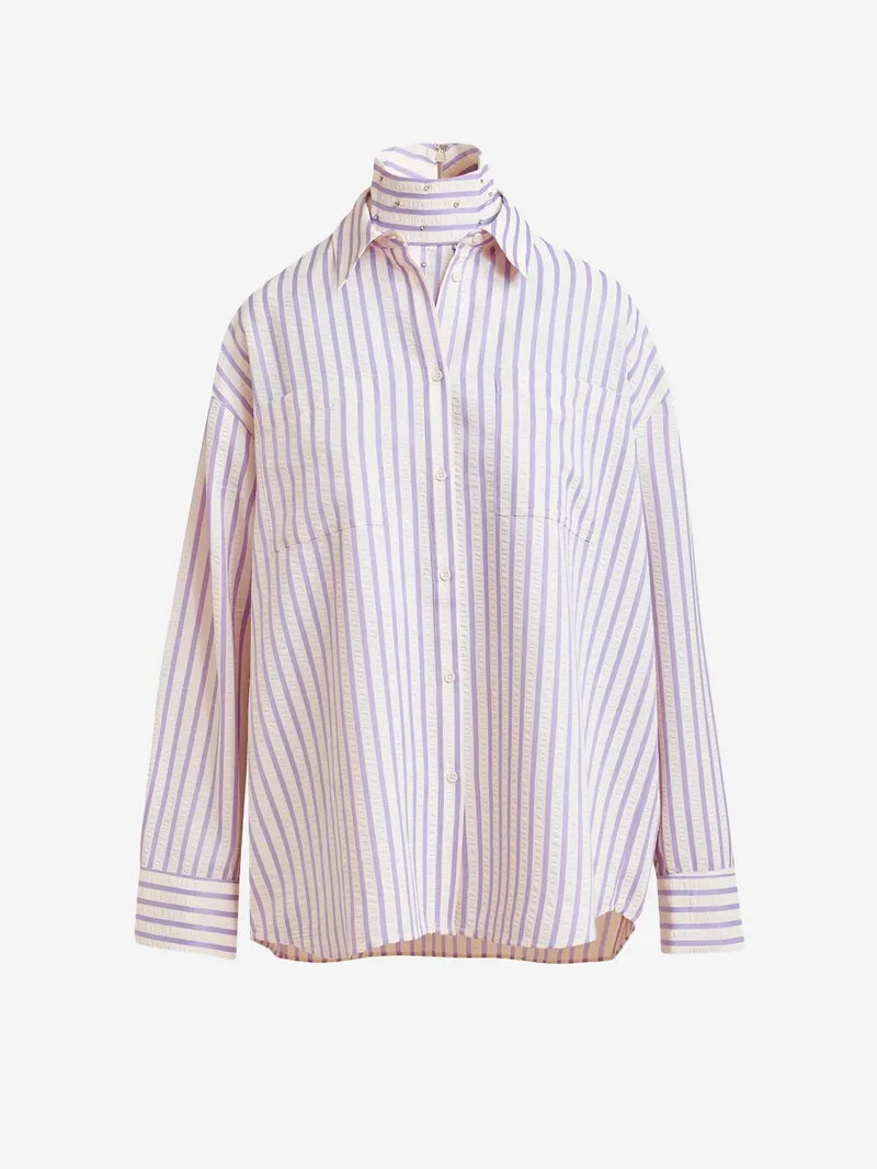 Camicia oversize viola e panna con strass e bavero a strati
