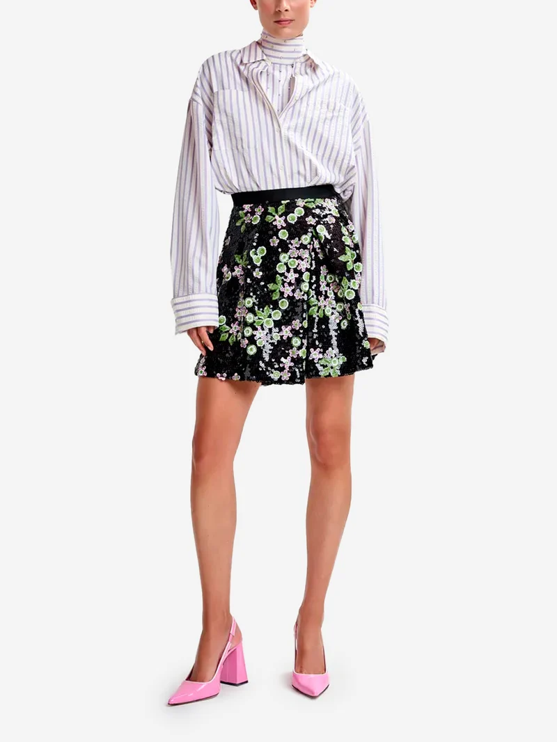 Camicia oversize viola e panna con strass e bavero a strati