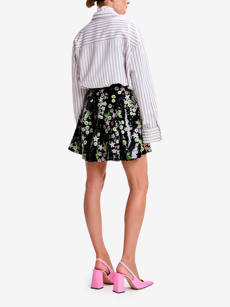 Camicia oversize viola e panna con strass e bavero a strati