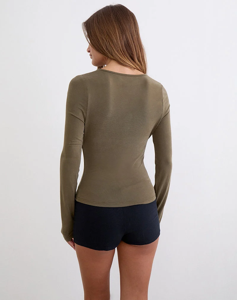 Yubin Langarm-Oberteil mit Schlüssellochausschnitt aus Cupro in Khaki