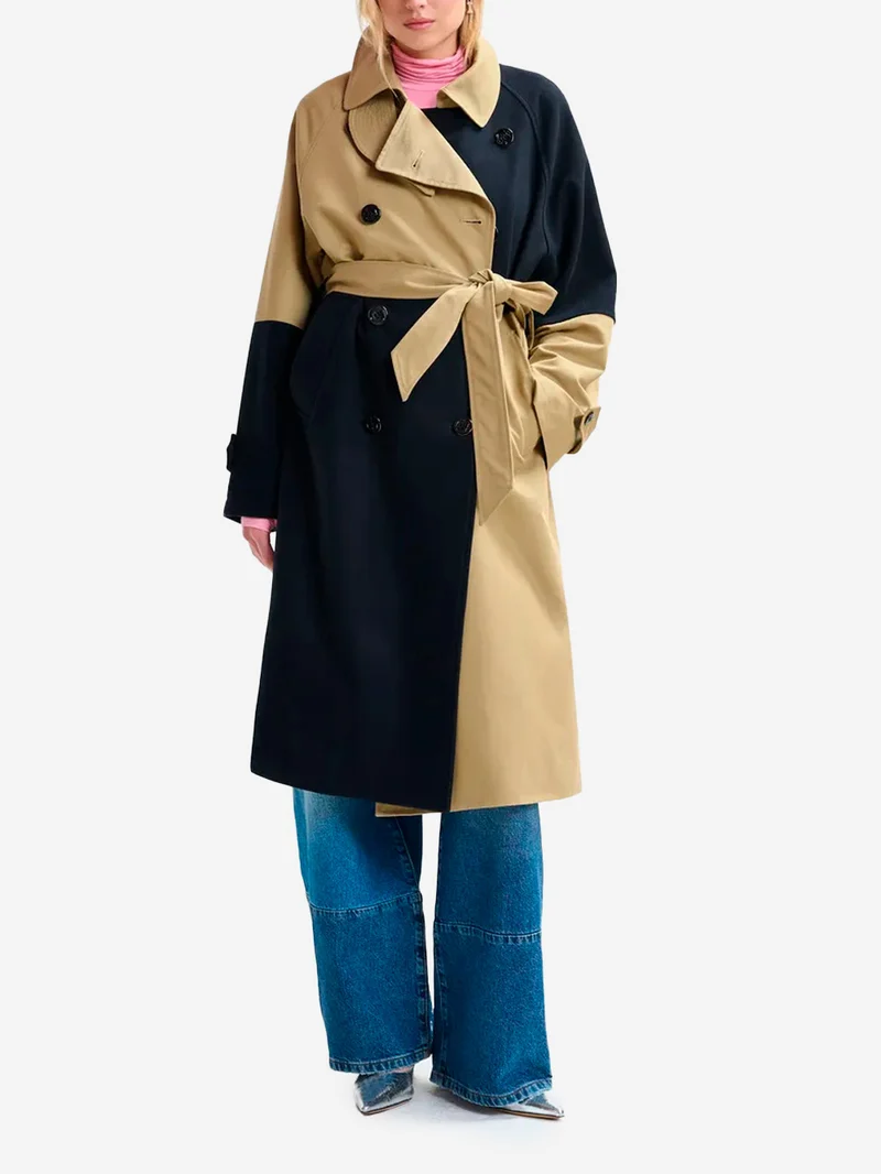 Trench doppiopetto in color block beige e blu navy